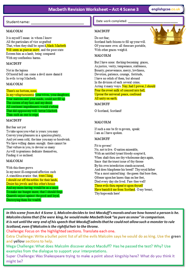 Macbeth Revision Worksheets – EnglishGCSE.co.uk