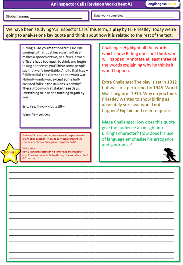 An Inspector Calls Worksheets EnglishGCSE co uk an-inspector-calls-worksheets-englishgcse-co-uk